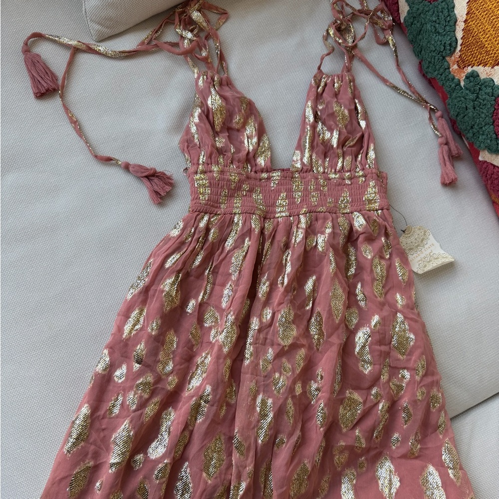 NTW Altar'd State Mauve Pink Maxi Dress with Gold Foil